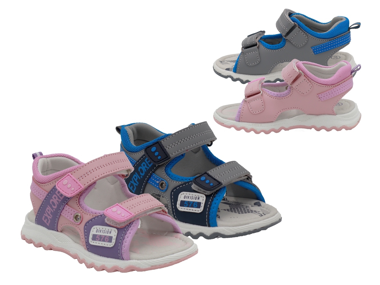 .Ki.-Sandalette, TPR-Sohle, 2x Klettverschl., PU/Mesh, rosa-pink + grau+blau