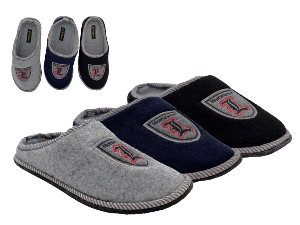 .He.-Pantoffel, Filzsohle mit Noppen, Filz, Stickerei Emblem, schwarz+grau+navy