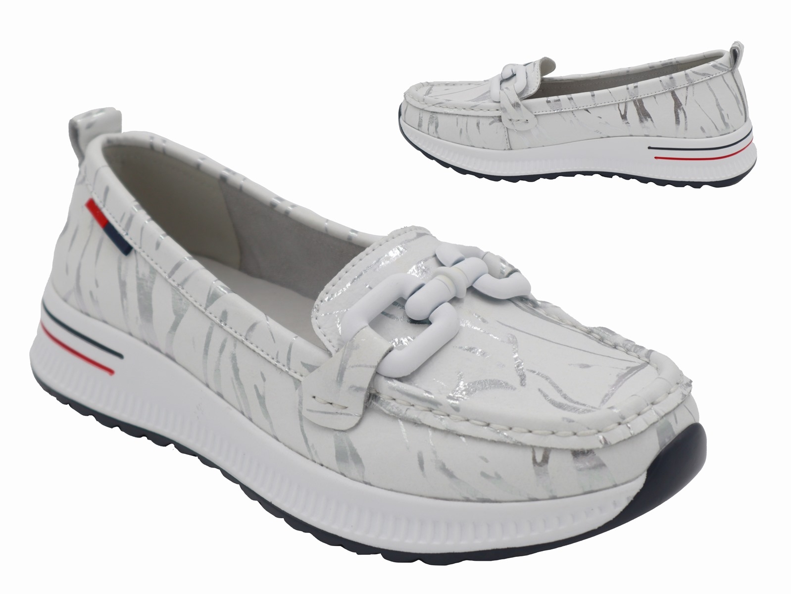 .Da.-Schuh, PU-Sohle, Slipper, Metallic- Effekt, Zierspange, Lederinnensohle, Leder, weiß-silber