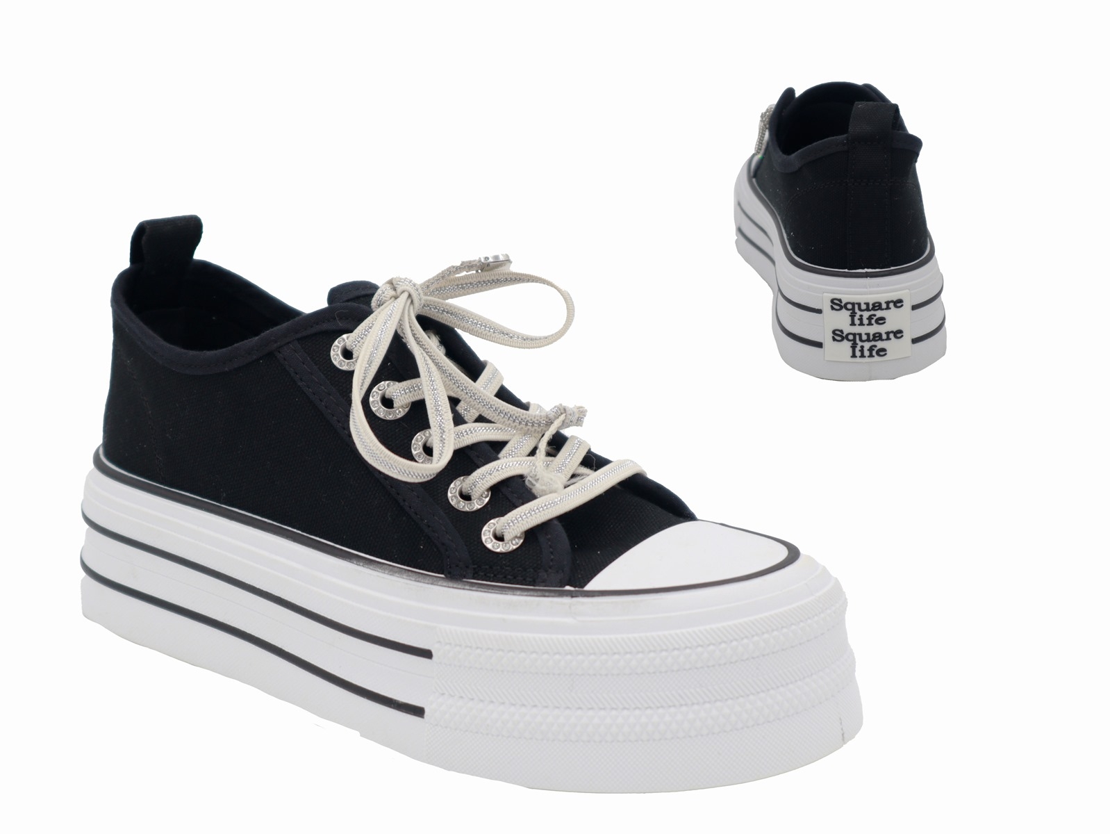 .Da.-Leinenschuhe, Plateau PVC-Sohle, Schnürer, Textil, schwarz