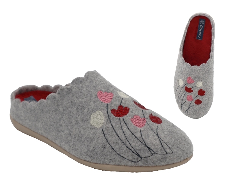 .Da.-Pantoffel, Sp., Filz, Blumenstickerei, herausnehmb. Innensohle, beige Sohle, grau-bordeaux