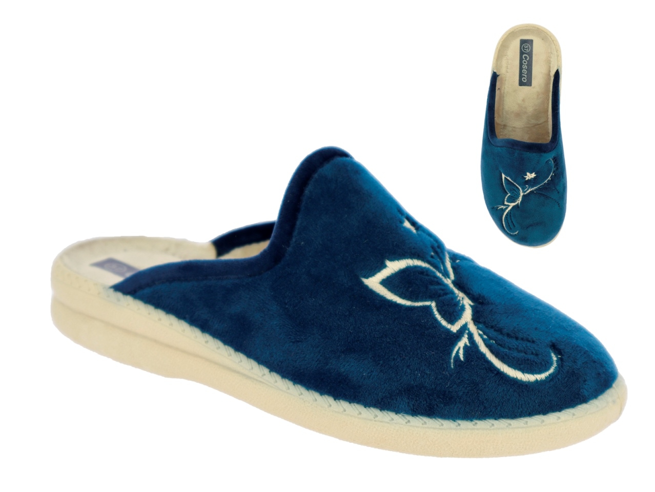 .Da.-Pantoffel, Sp., beige Sohle, gestickter Schmetterling & Muster, Polarfleece, navy