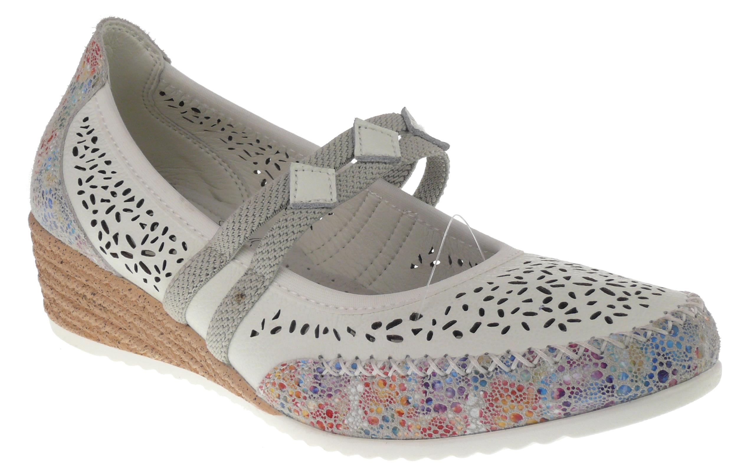 .Da.-Schuh, TPR-Keilsohle, Gummizug, Leder, Lederinnensohle, Lochmuster, weiß-bunt