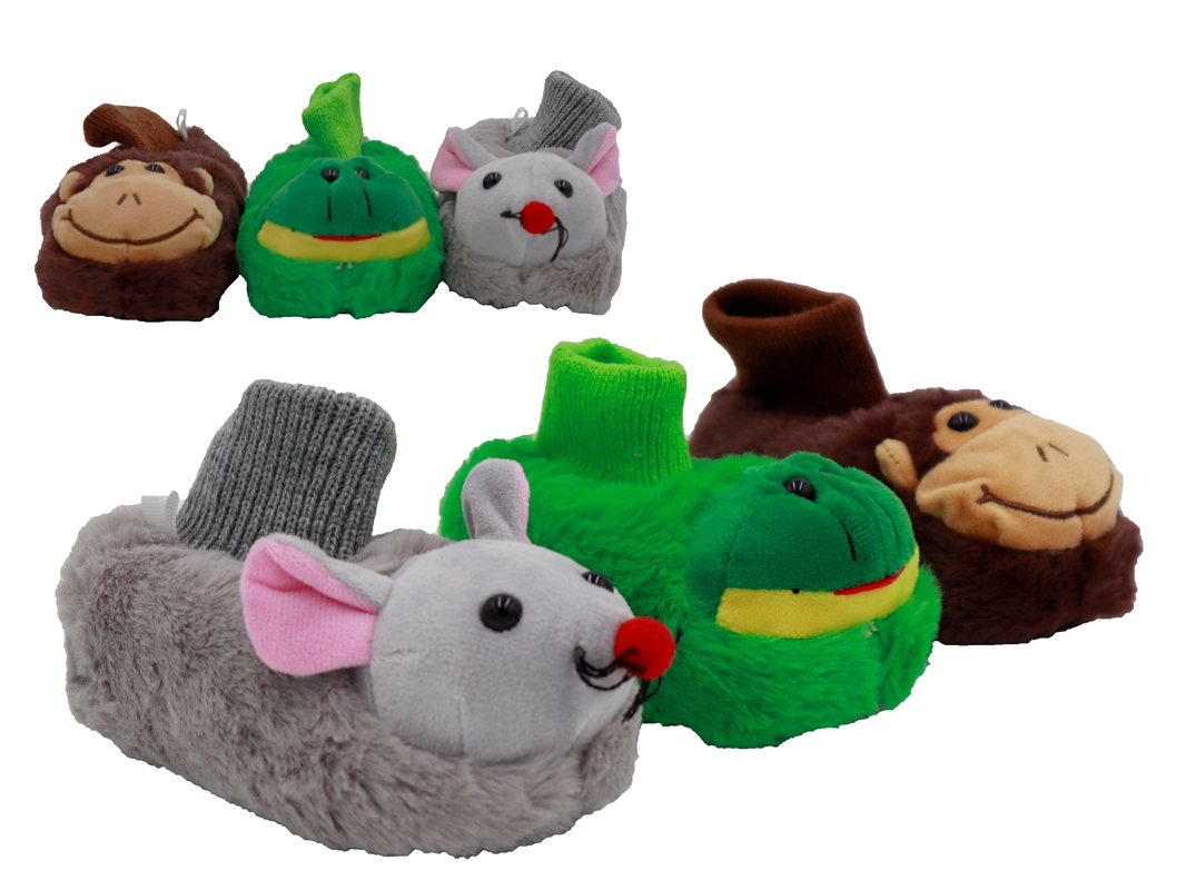 .Ki.-Tierhausschuh, Maus+Frosch+Affe, Noppen - Textil-Sohle, Doppelgr., plüsch, braun+grün+grau