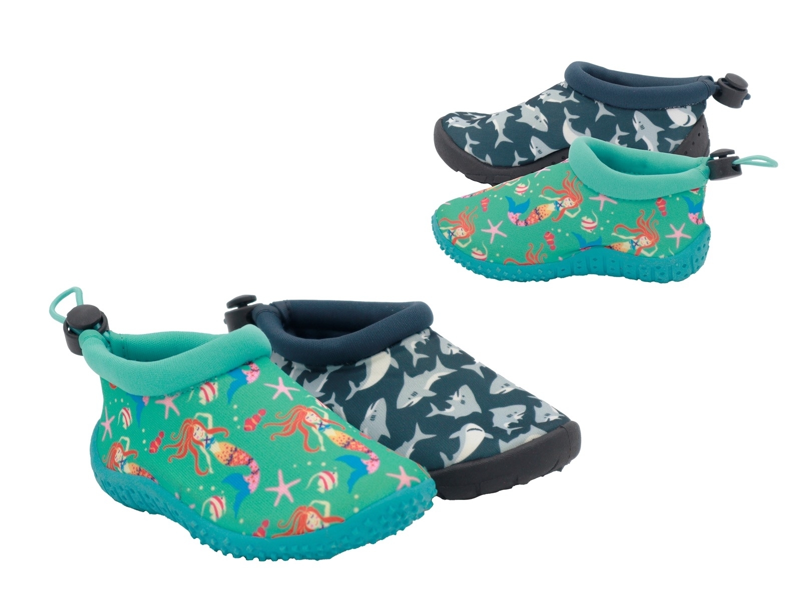 .Ki-Badeschuhe, dünne TPR-Sohle, Band zum verstellen, "Haie+Meerjungfrau", Polyester, hellblau+navy