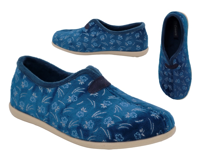 .Da.-Hausschuh, Sp., PU-Sohle, Blumenmuster, mit Wechsel-FB, Polarfleece, navy