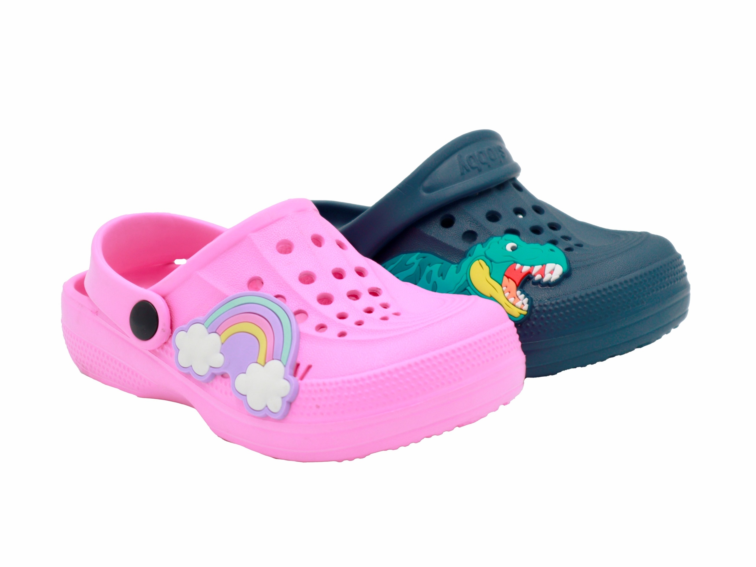 .Ki.-EVA-Clogs, SLOBBY, mit Löcher+Riemen, "Dino+Regenbogen", pink+navy