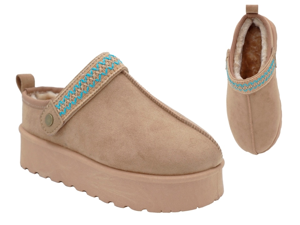 .Da.-Clog, dicke PVC-Sohle, mit besticktem Riemen, Warmutter, Microfiber, beige