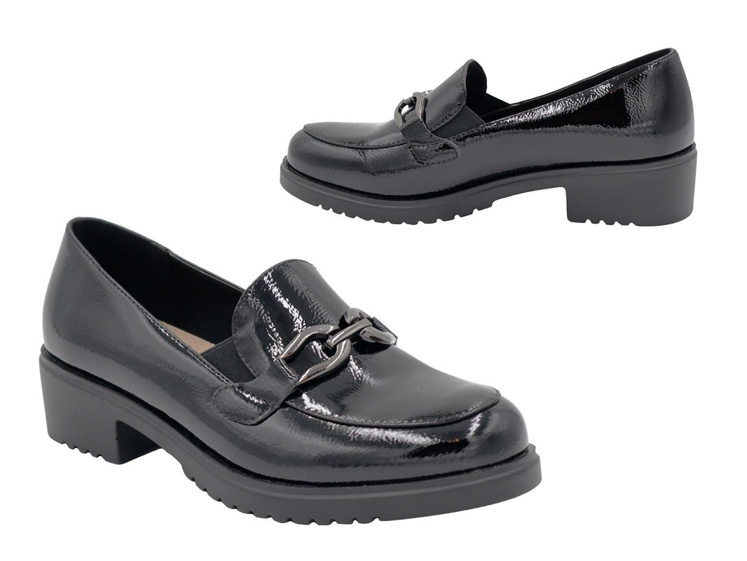 .Da.-Schuh, PU-Sohle, Slipper, glänzend, mit Zierspange, PU, schwarz