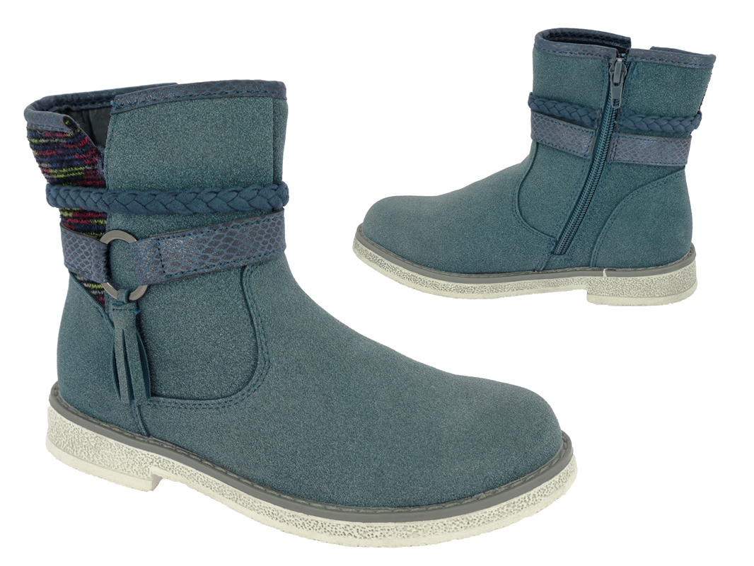 .Ki.-Stiefel, TPR-Sohle, Reißverschluß, Zierriemen, Warmfutter, Stoffbesatz hinten, angerautes PU, petrol